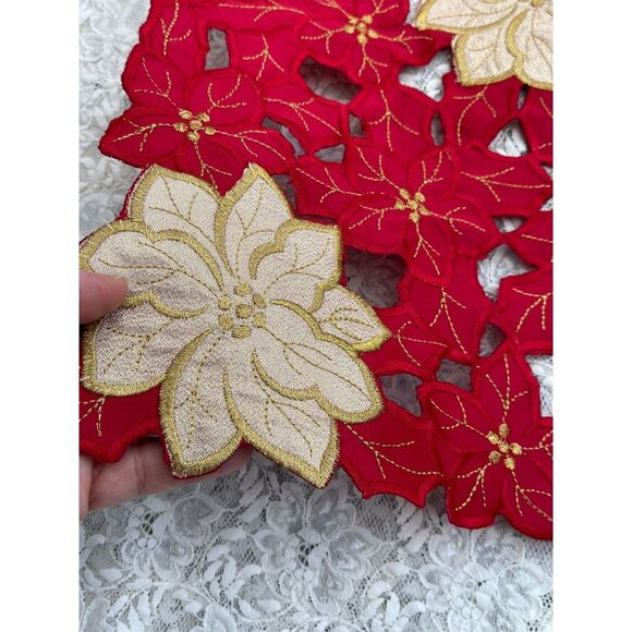 Christmas Flower Rectangular Embroidered Table Runner Red Gold Flower 68x12 - Picture 3 of 9